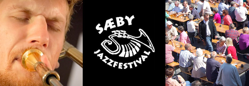 Trompetist, publikum og logo til Sæby Jazzfestival